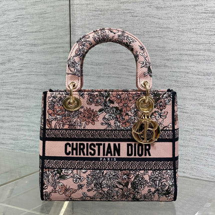 DIOR 25S SMALL LADY D-LITE BAG 24 IN PINK DIOR FLOWERS CALENDAR ALLOVER EMBROIDERY