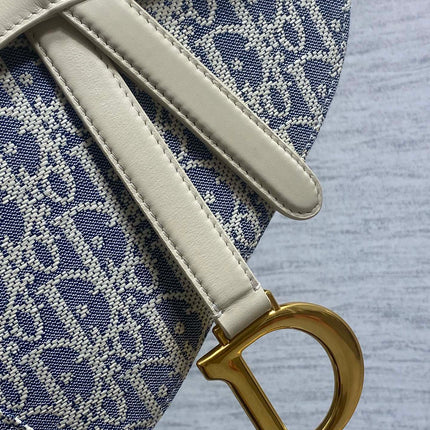 DIOR 25S SOFT SADDLE BAG 25 IN BLUE DIOR OBLIQUE CHAMBRAY AND IVORY SMOOTH CALFSKIN