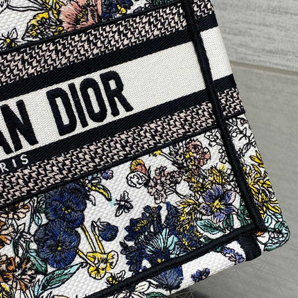 DIOR 25S LUCKY SMALL DIOR BOOK TOTE 26 IN MULTICOLOR DIOR FLOWERS CALENDAR ALLOVER EMBROIDERY