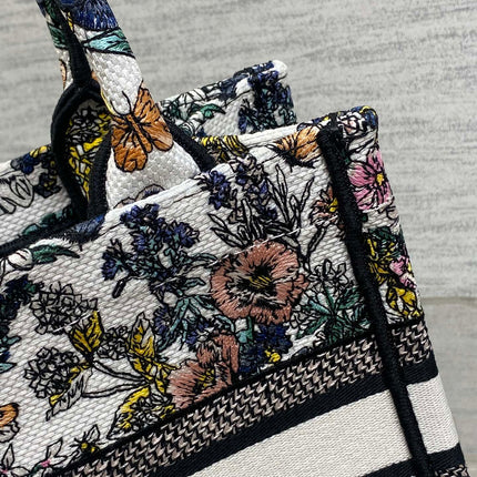 DIOR 25S LUCKY SMALL DIOR BOOK TOTE 26 IN MULTICOLOR DIOR FLOWERS CALENDAR ALLOVER EMBROIDERY