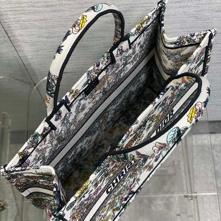 DIOR 25S LUCKY LARGE DIOR BOOK TOTE 42 IN MULTICOLOR DIOR FLOWERS CALENDAR ALLOVER EMBROIDERY