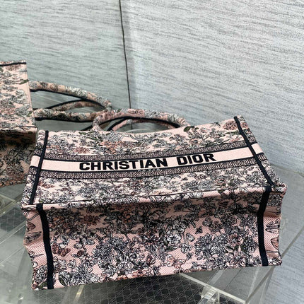 DIOR 25S LUCKY MEDIUM DIOR BOOK TOTE 36 IN PINK MULTICOLOR DIOR FLOWERS CALENDAR ALLOVER EMBROIDERY