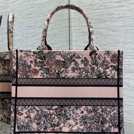DIOR 25S LUCKY MEDIUM DIOR BOOK TOTE 36 IN PINK MULTICOLOR DIOR FLOWERS CALENDAR ALLOVER EMBROIDERY