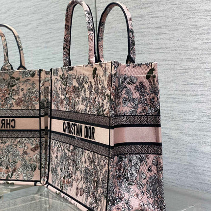 DIOR 25S LUCKY LARGE DIOR BOOK TOTE 42 IN PINK MULTICOLOR DIOR FLOWERS CALENDAR ALLOVER EMBROIDERY