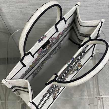 DIOR 25S LUCKY MEDIUM DIOR BOOK TOTE 36 IN WHITE MULTICOLOR DIOR STAR EMBROIDERY