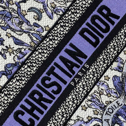 DIOR 25S SMALL BOOK TOTE 26 IN WHITE AND PURPLE DIOR NIGHT OF DREAMS EMBROIDERY