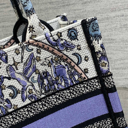 DIOR 25S SMALL BOOK TOTE 26 IN WHITE AND PURPLE DIOR NIGHT OF DREAMS EMBROIDERY