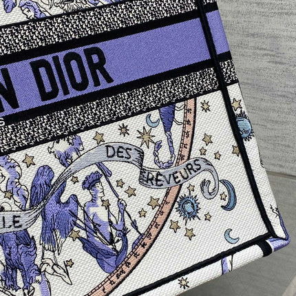 DIOR 25S LARGE BOOK TOTE 42 IN WHITE AND PURPLE DIOR NIGHT OF DREAMS EMBROIDERY