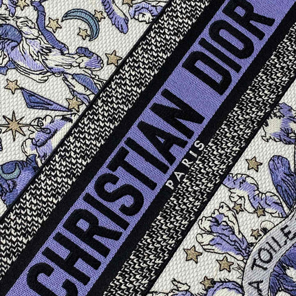 DIOR 25S LARGE BOOK TOTE 42 IN WHITE AND PURPLE DIOR NIGHT OF DREAMS EMBROIDERY