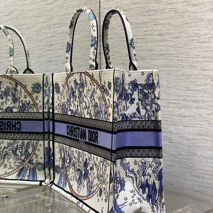 DIOR 25S LARGE BOOK TOTE 42 IN WHITE AND PURPLE DIOR NIGHT OF DREAMS EMBROIDERY