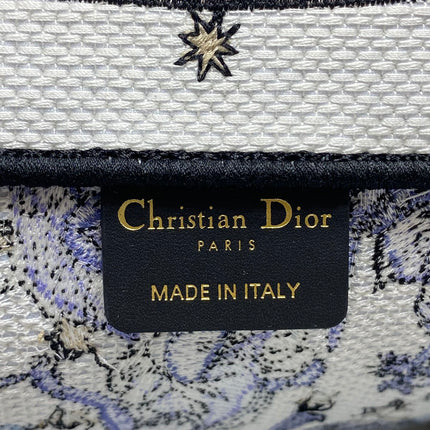 DIOR 25S LARGE BOOK TOTE 42 IN WHITE AND PURPLE DIOR NIGHT OF DREAMS EMBROIDERY