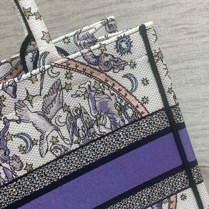 DIOR 25S LUCKY MEDIUM BOOK TOTE 36 IN WHITE AND PURPLE DIOR NIGHT OF DREAMS EMBROIDERY
