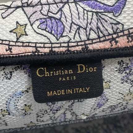 DIOR 25S LUCKY MEDIUM BOOK TOTE 36 IN WHITE AND PURPLE DIOR NIGHT OF DREAMS EMBROIDERY