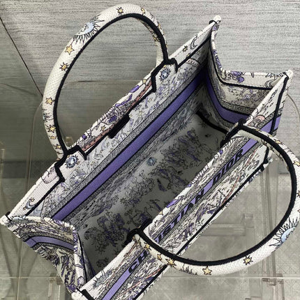 DIOR 25S LUCKY MEDIUM BOOK TOTE 36 IN WHITE AND PURPLE DIOR NIGHT OF DREAMS EMBROIDERY