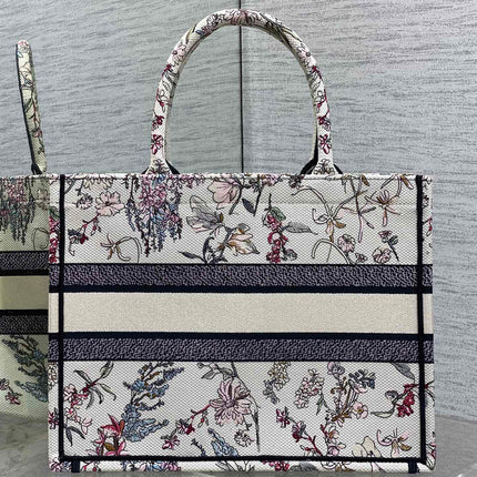 DIOR 25S MEDIUM BOOK TOTE 36 IN BEIGE CANVAS MILLEFIORI EMBROIDERY