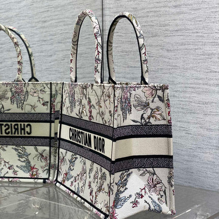 DIOR 25S MEDIUM BOOK TOTE 36 IN BEIGE CANVAS MILLEFIORI EMBROIDERY