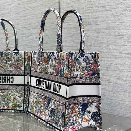 DIOR 25S LUCKY MEDIUM BOOK TOTE 36 IN MULTICOLOR COTTON FLOWERS CALENDAR ALLOVER EMBROIDERY