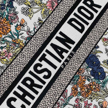 DIOR 25S LUCKY MEDIUM BOOK TOTE 36 IN MULTICOLOR COTTON FLOWERS CALENDAR ALLOVER EMBROIDERY
