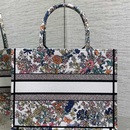 DIOR 25S LUCKY MEDIUM BOOK TOTE 36 IN MULTICOLOR COTTON FLOWERS CALENDAR ALLOVER EMBROIDERY