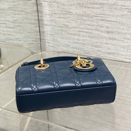 DIOR 25S SMALL LADY D‑JOY BAG 19 IN DARK BLUE CANNAGE CALFSKIN GOLD HARDWARE
