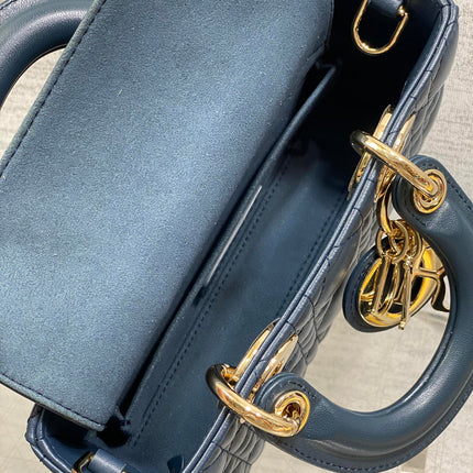 DIOR 25S SMALL LADY D‑JOY BAG 19 IN DARK BLUE CANNAGE CALFSKIN GOLD HARDWARE