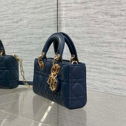 DIOR 25S SMALL LADY D‑JOY BAG 19 IN DARK BLUE CANNAGE CALFSKIN GOLD HARDWARE