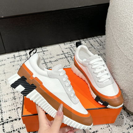 BOUNCING SNEAKER IN BRONZE BROWN CALFSKIN AND WHITE FABRIC