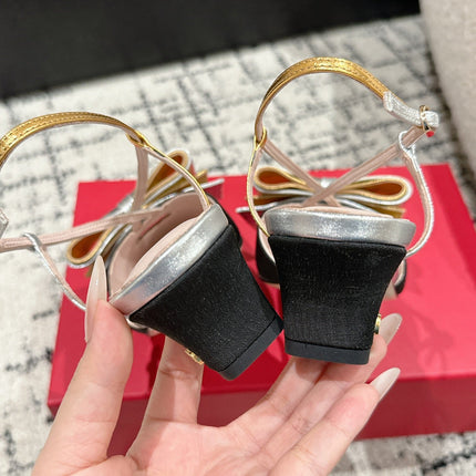 VLTN HIGH HEEL 25S 40 MM IN BLACK FABRIC MIX SILVER CALFSKIN WITH BOW