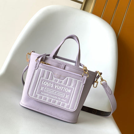 LV 25S NEVERFULL BANDOULIÈRE INSIDE OUT BB 24 IN LIGHT PURPLE AND BROWN CALFSKIN