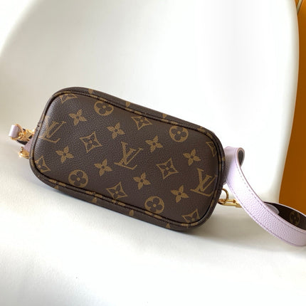 LV 25S NEVERFULL BANDOULIÈRE INSIDE OUT BB 31 IN LIGHT PURPLE AND BROWN CALFSKIN
