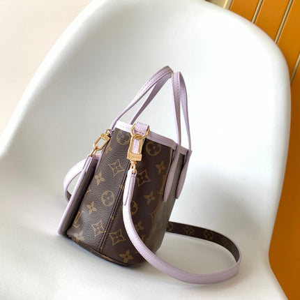 LV 25S NEVERFULL BANDOULIÈRE INSIDE OUT BB 24 IN LIGHT PURPLE AND BROWN CALFSKIN
