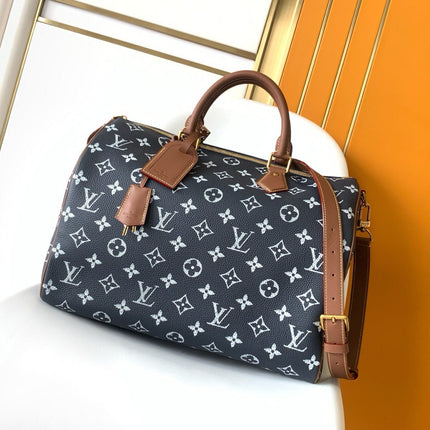 LV 25S SPEEDY BANDOULIÈRE BAG 40 IN CHARCOAL BLUE CALFSKIN GOLD HARDWARE