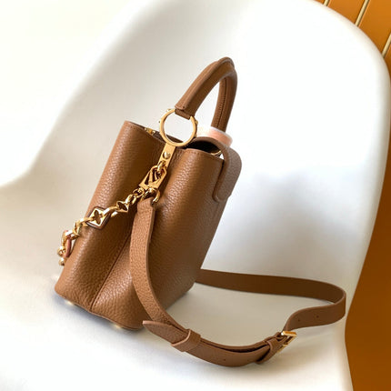 LV 25S CAPUCINES BAG 27 IN TAN CALFSKIN GOLD HARDWARE