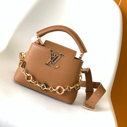 LV 25S CAPUCINES BAG 21 IN TAN CALFSKIN GOLD HARDWARE
