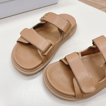 DIOR CLASSIC DOUBLE-STRAP SLIDES 25S IN LIGHT BROWN CALFSKIN
