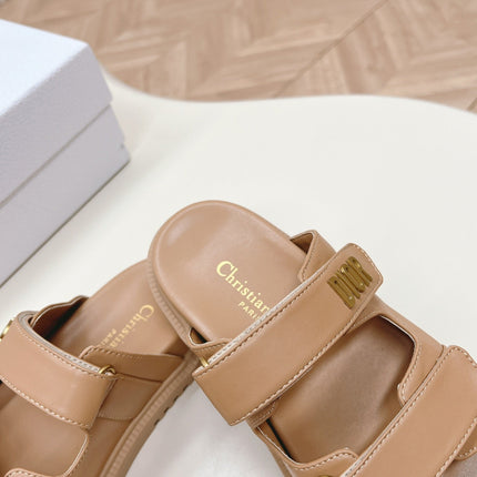 DIOR CLASSIC DOUBLE-STRAP SLIDES 25S IN LIGHT BROWN CALFSKIN