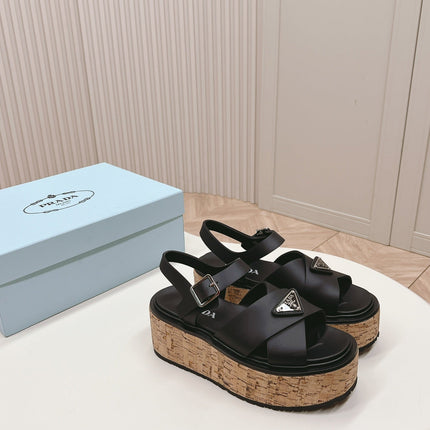 PRA WEDGE PLATFORM SANDALS BLACK CALFSKIN