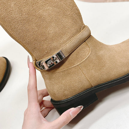 KNEE HIGH BOOTS IN CIDER BROWN SUEDE WITH SILVER BUCKLE