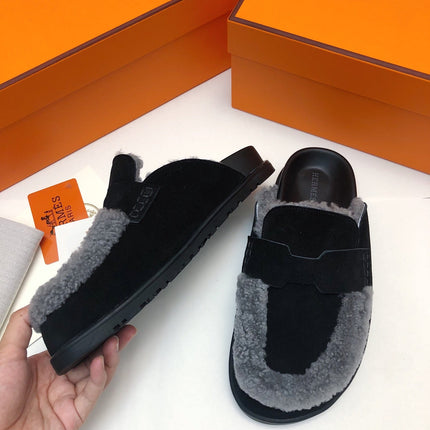 GO MULE IN BLACK SUEDE ATTACH LIGHT GRAY FLEECE