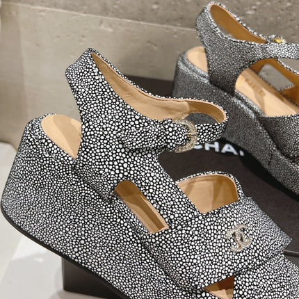 Wedge Open-Toe High Heel Sandals Slate Gray Sheepskin