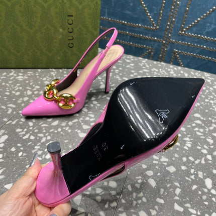 WOMEN'S SLINGBACK 10.5 CM IN FUSCIA PINK CALFSKIN WITH GOLD HARDWARE