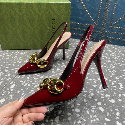 WOMEN'S SLINGBACK 10.5 CM IN GARNET RED CALFSKIN WITH GOLD HARDWARE