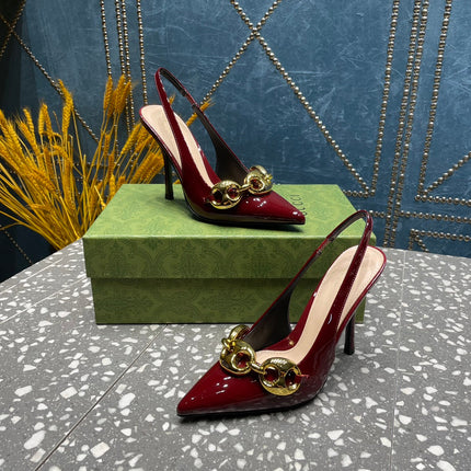 WOMEN'S SLINGBACK 10.5 CM IN GARNET RED CALFSKIN WITH GOLD HARDWARE