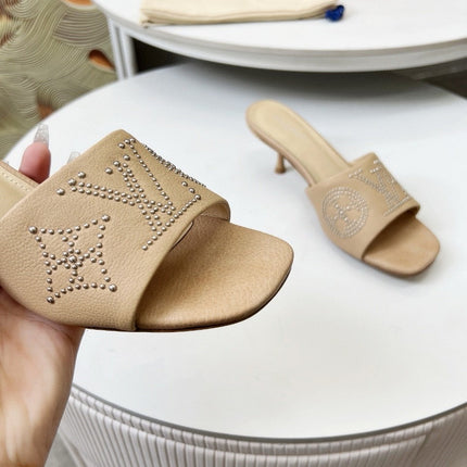 HIGH MULE IN CAMEL BEIGE LAMBSKIN WITH RHINSTONES 55 MM