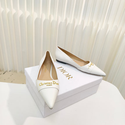 DIOR POINTED BALLET FLATS 25S IN WHITE CALFSKIN WITH GOLD HARDWARE