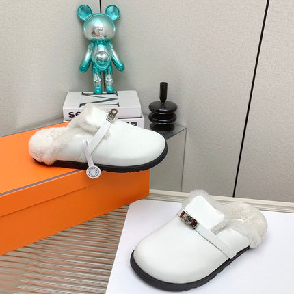 SLIP-ON MULE IN WHITE CALFSKIN AND SHEARLING LINING