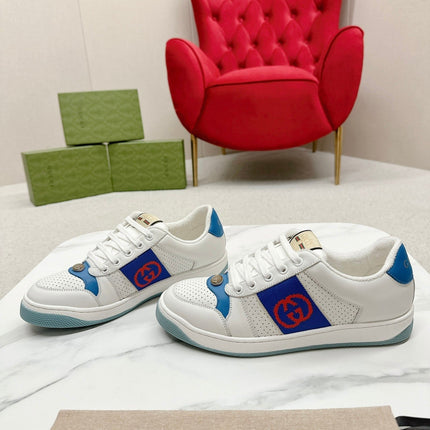 GG WOMEN'S SCREENER TRAINER WHITE AND BLUE CALFSKIN