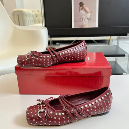 GG RIVETS BALLET FLAT GARNET HORIZONTAL STRAPS LAMBSKIN