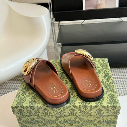 WOMEN'S SLIPPER IN BRONZE BROWN CALFSKIN WITH GOLD HARDWARE