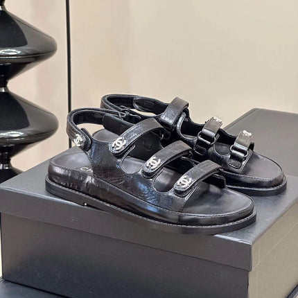 CC DAD SANDALS THREE STRAP BLACK LAMBSKIN